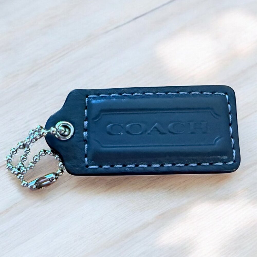 COACH NEW High Sheen Smoky Dark Grey Leather Key Fob Bag Charm